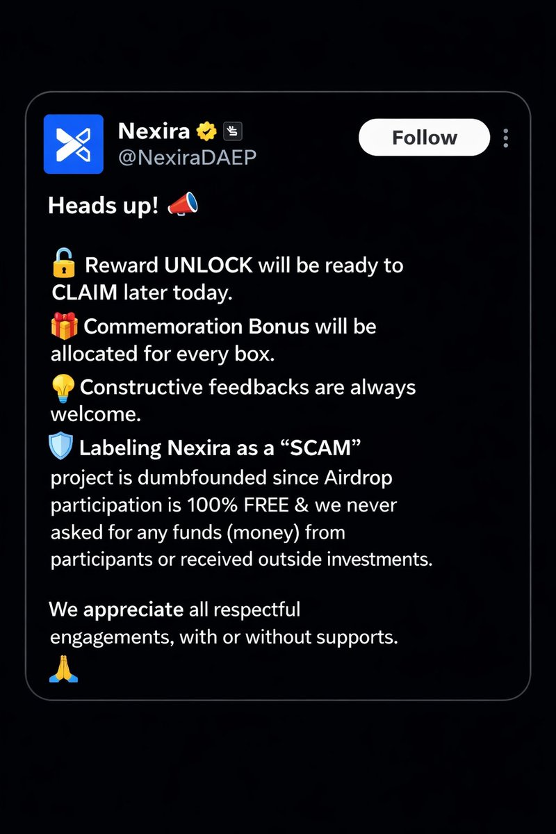 🚨 Nexira Airdrop Update <a href="/NexiraDAEP/">Nexira</a>

🔓 Reward Unlock will be available to claim later today

🎁 A Commemoration Bonus will be allocated for every box (extra rewards for all eligible users!)

Make sure to check your allocation and stay ready to claim once it goes live.

Big day