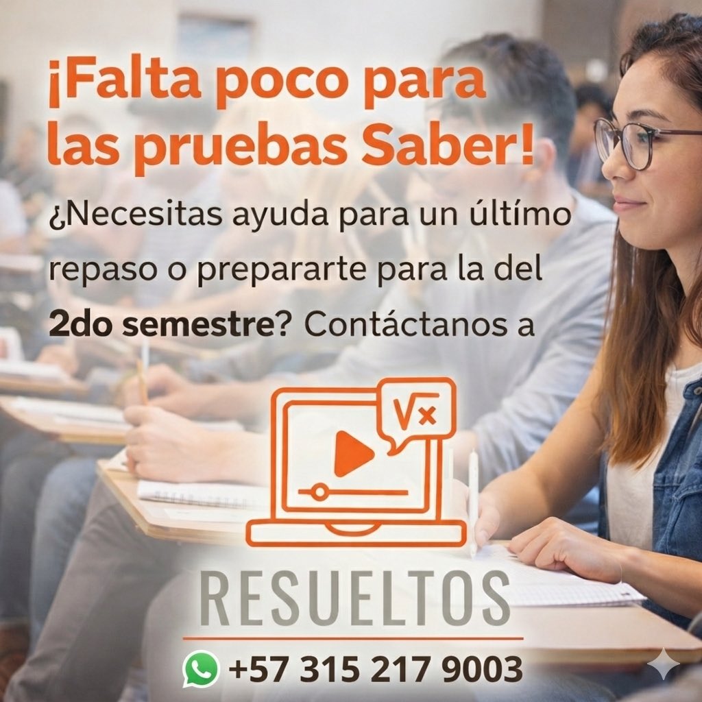 ResueltosM's tweet photo. Contáctanos por whatsapp +57 315 217 9003, email: contacto@resueltos.net o a través de nuestra página web https://t.co/gAyAyVOvML

#resueltosacademiaonline
#clasesvirtuales
#tutoriasonline
#pruebassaber https://t.co/V74ffRtGiF