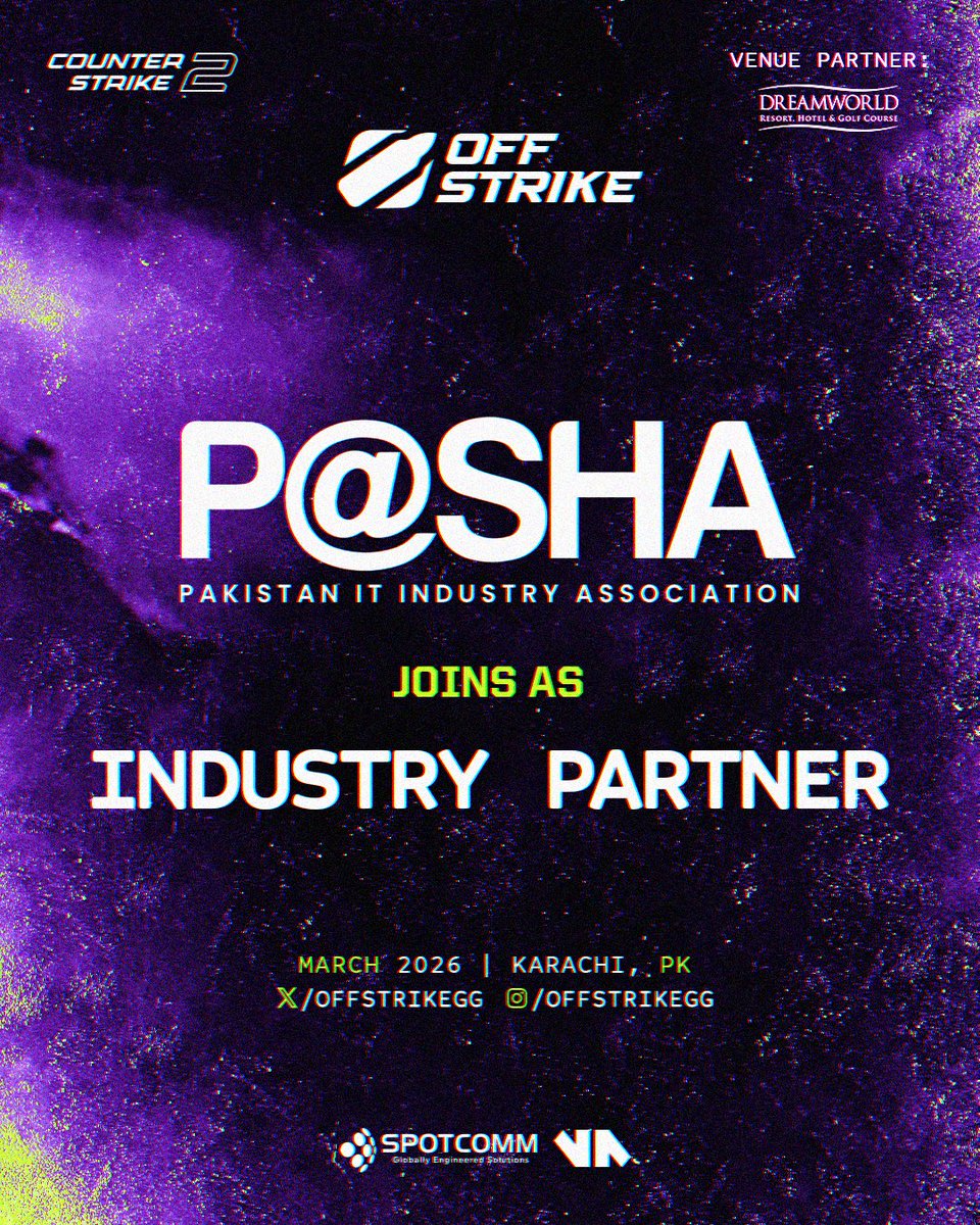 We’re proud to welcome <a href="/PASHAORG/">P@SHA</a> as the Official Industry Partner of OffStrike 2026.

A major step forward for the esports and technology ecosystem in Pakistan as we build towards March in Karachi.

📍 Dreamworld Resort, Karachi
🗓 23-28 March 2026

#offstrike #cs2