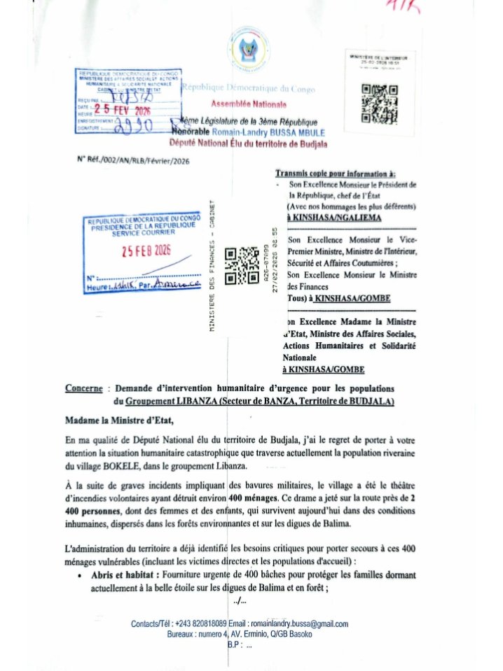 OEyenga81664's tweet image. 🚨 ALERTE À BUDJALA
Dans une lettre officielle, Landry Bussa, Député National, alerte sur la situation dramatique à Banza, plus de 400 ménages incendiés et près de 2 400 personnes sans abri à Bokele, Il exige une intervention urgente, #leadership #Budjala #CDER #RDC