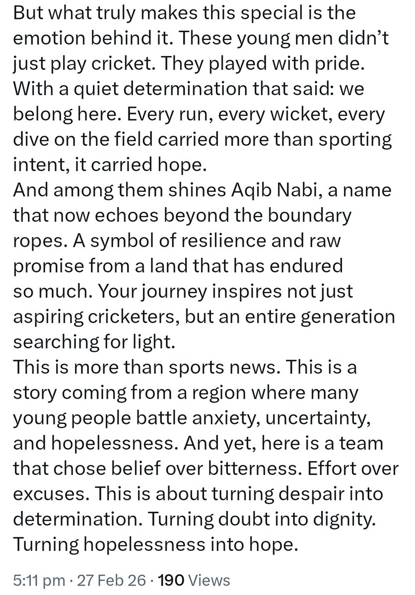 "Winning #RanjiTrophy by the Jammu &amp; Kashmir Cricket Team is not just about lifting a trophy. It’s not just about winning, it’s about showing the way.
At a time when so much around us feels fractured, when institutions become flashpoints, when young people feel unheard, when