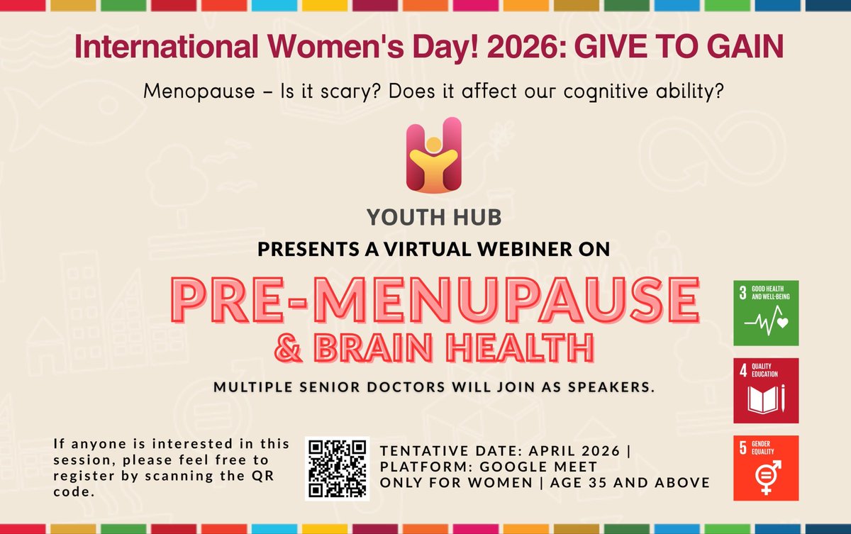 🌸 আন্তর্জাতিক নারী দিবস ২০২৬ উপলক্ষে বিশেষ আয়োজন 🌸

<a href="/YouthHubGlobal/">Youth Hub</a> আয়োজন করছে অনলাইন ওয়েবিনার/অনলাইন সেমিনার:

🧠 বিষয়: “প্রি-মেনোপজ এবং এর জ্ঞানীয় (Cognitive) কার্যকারিতার উপর প্রভাব”

🔒 শুধুমাত্র নারীদের জন্য | বয়স ৩৫ বছর ও তদূর্ধ্ব

এই ইন্টারঅ্যাকটিভ সেশনটি