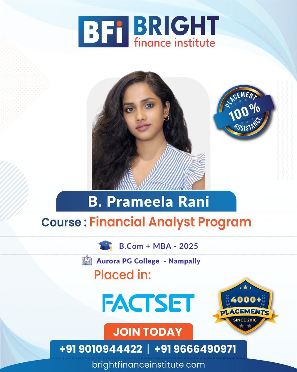 finance_br44873's tweet image. 🎉 Placement Success!

B. Prameela Rani (B.Com + MBA 2025, Aurora PG College – Nampally) placed at FactSet through BFI’s Financial Analyst Program. 💯 Placement Assistance

Join now!
📞 +91 9010944422
🌐 brightfinanceinstitute.com

#BFI #FactSet #FinanceCareer