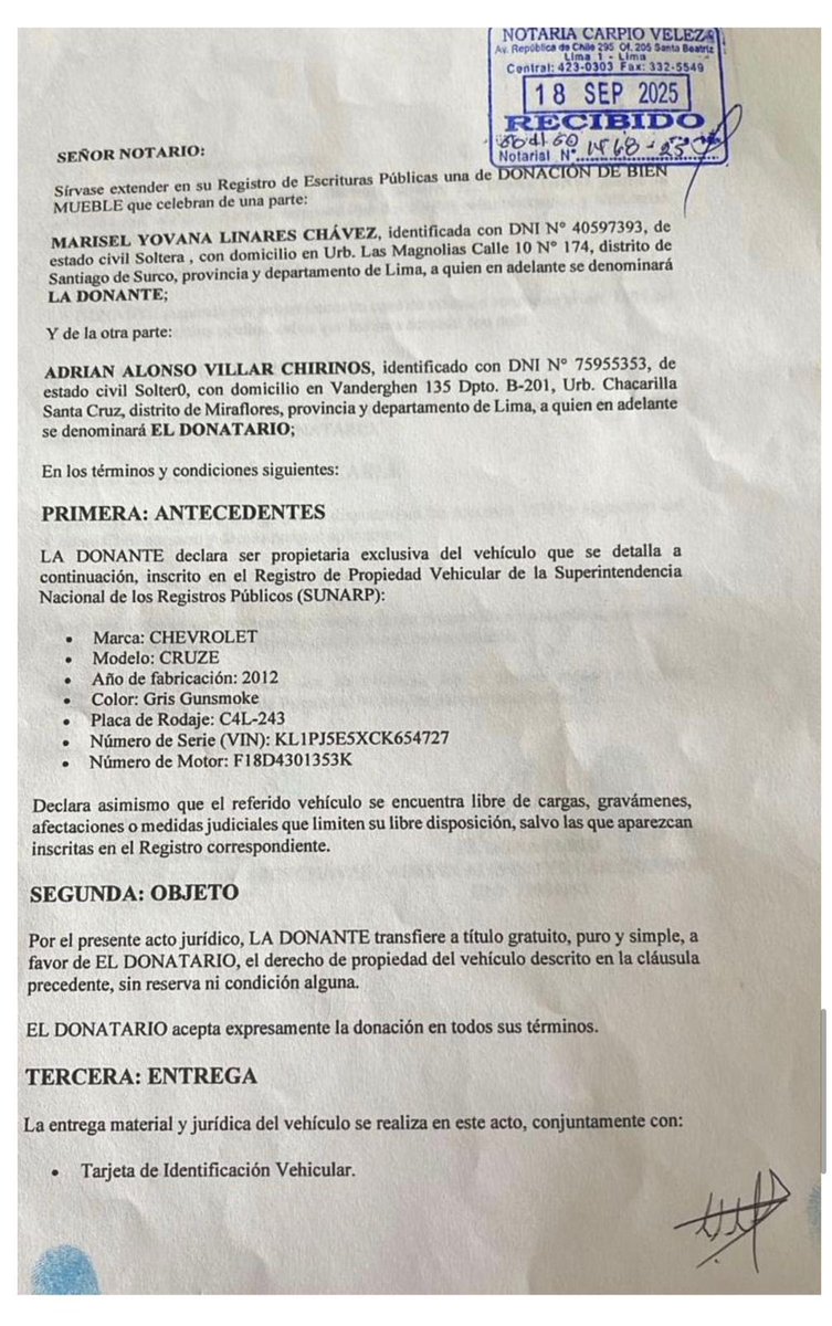 wilbermedinab's tweet image. 🚨 Caso #AdrianVillar. En virtud del Art.1624 del Código Civil concordante con el 245.3 del CProcCivil #AdianVillar se convirtió en propietario vía donación desde el 18/09/25 del vehículo C4L 243. #MariselLinares queda liberada de la responsabilidad civil 👀👇