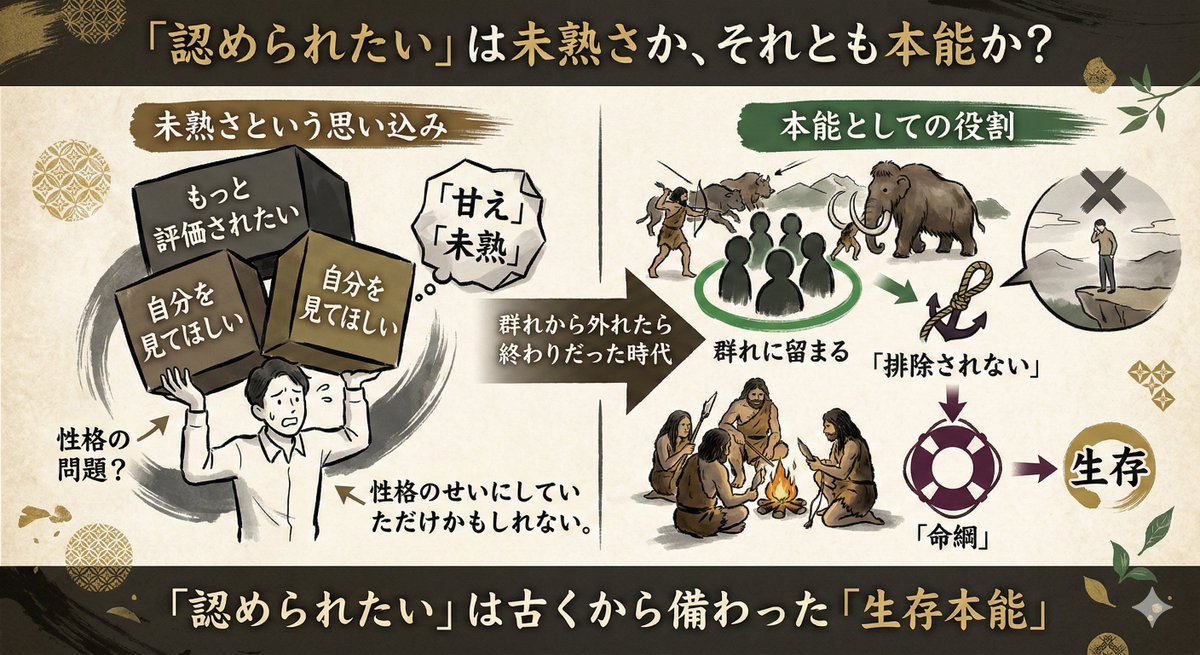 sm3558's tweet photo. 「認められたい」は未熟さだと思ってた。
でも、群れから外れたら終わりだった時代、排除されないことは、命綱だった。その時代に備わった本能だ。

本能を、性格のせいにしていただけかもしれない。 https://t.co/s5MyoUAekq
