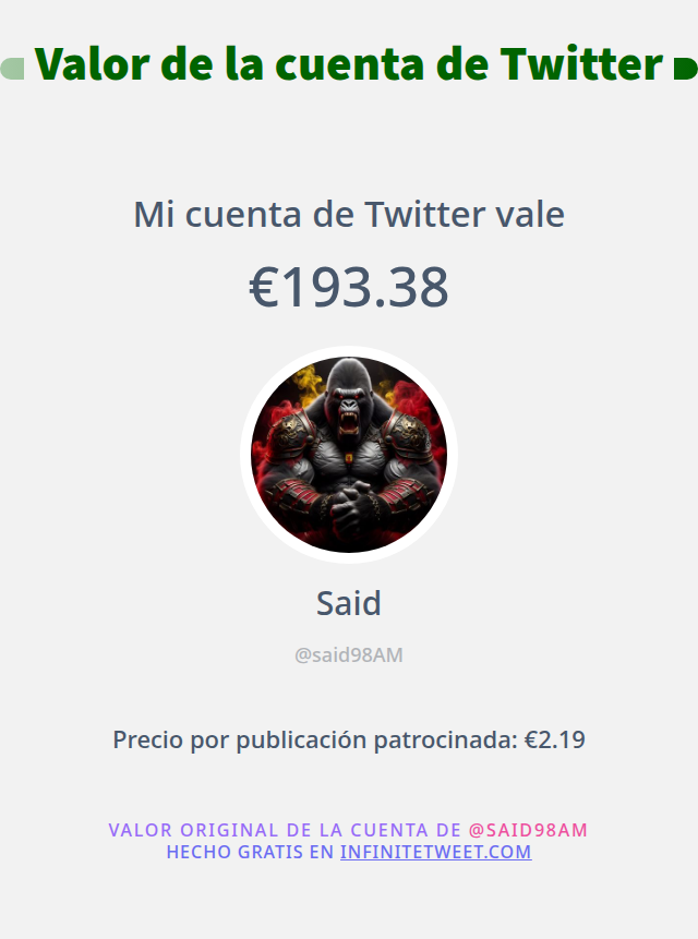 said98AM's tweet photo. Mi valor en Twitter es de: €193.38

➡️ https://t.co/Dus63jISjS https://t.co/i3Ve4IEbYF