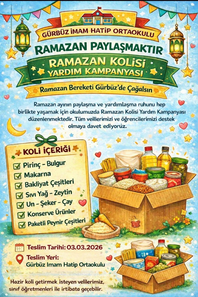 Ramazan ayının paylaşma ve yardımlaşma  ruhunu hep birlikte yaşamak için okulumuzda Ramazan Kolisi Yardım Kampanyası düzenlenmektedir. Tüm velilerimizi ve öğrencilerimizi destek olmaya davet ediyoruz. 🙏🏻✨#maarifinkalbinderamazan <a href="/Diyarbakirmem/">Diyarbakır İl Millî Eğitim Müdürlüğü</a> <a href="/meb_dinogretimi/">MEB Din Öğretimi Genel Müdürlüğü</a> <a href="/hanimem21800/">Hani İlçe Milli Eğitim Müdürlüğü</a>