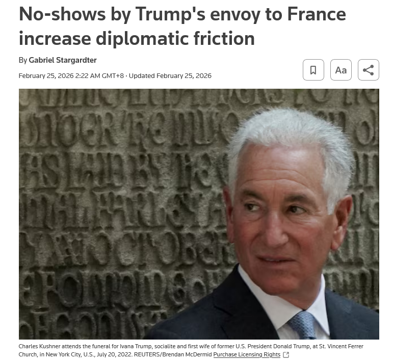 🇫🇷🇺🇸Le comportement de l'ambassadeur Charles Kushner commence à faire parler dans la presse internationale.

Son refus d'apprendre le français alors qu'il est ambassadeur des États-Unis en France est déjà un signe éloquent de son mépris pour notre pays.

De plus, comme le dit