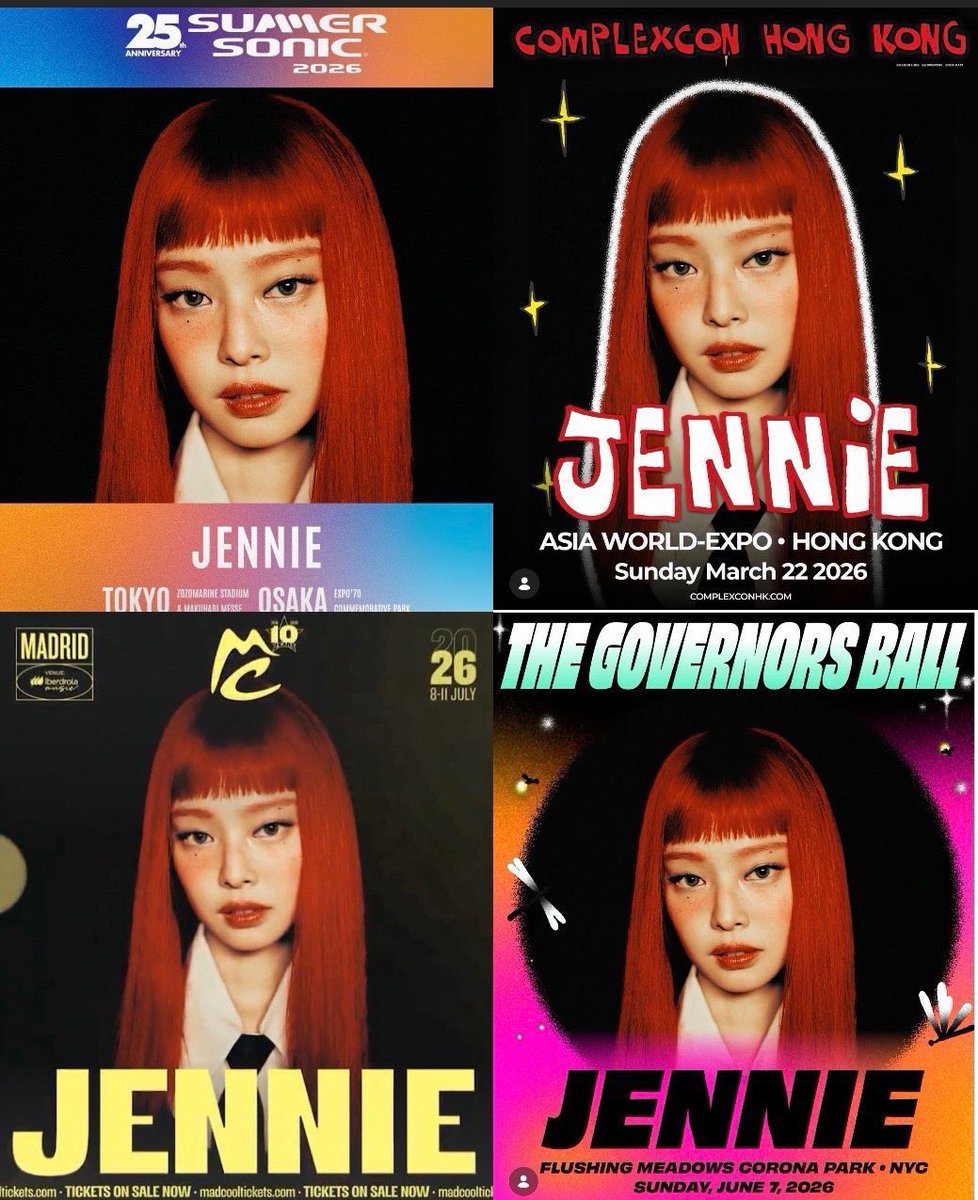 JENNIE is headlining 4 major festivals in 2026 so far 

ComplexCon, Hong Kong — March 22nd
The Governors Ball, USA — June 7th
Mad Cool Festival, Spain — July 9th
Summer Sonic, Japan — August 14th, 15th, 16th