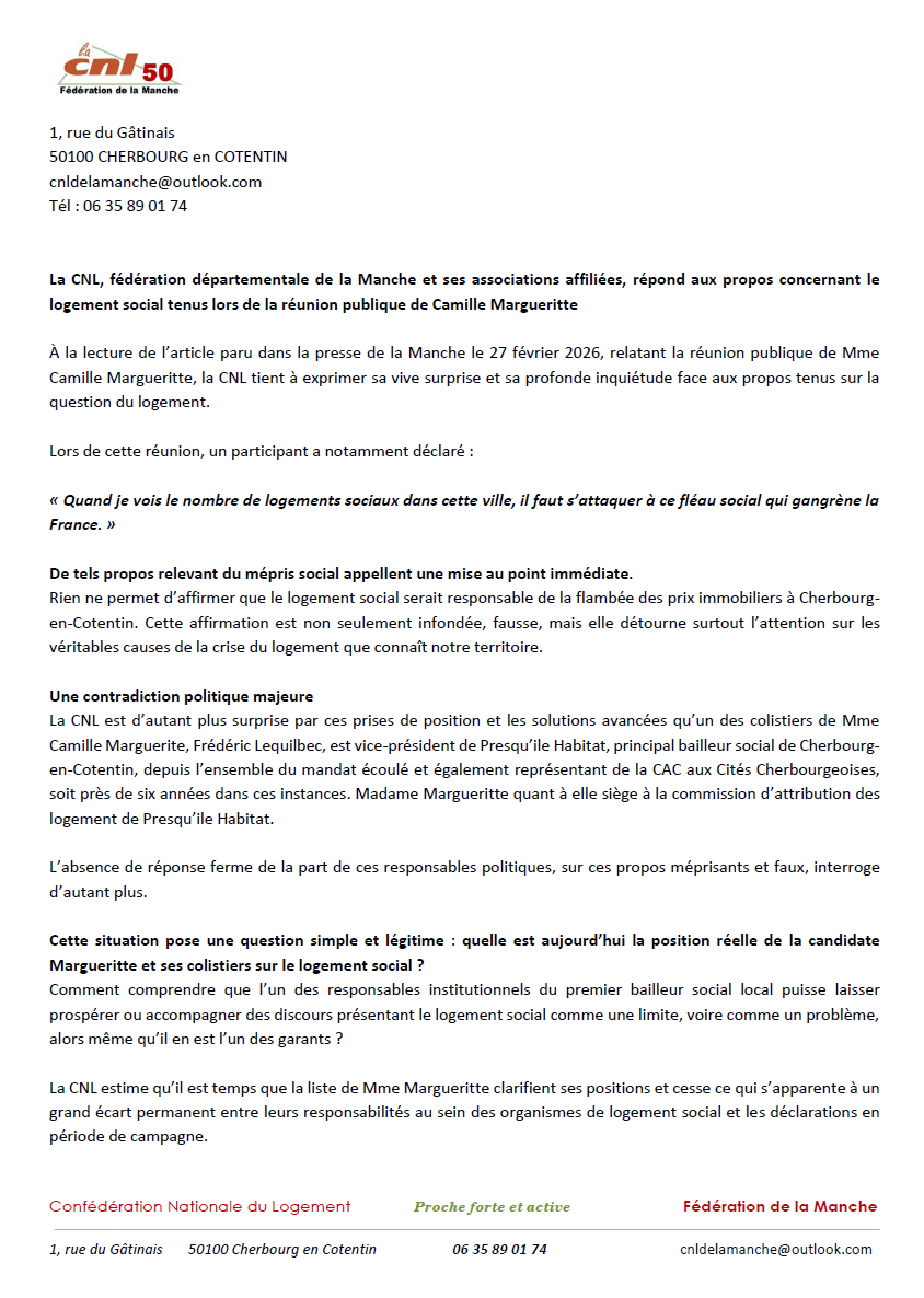 LocatairesPih's tweet photo. Suite à l'article paru ce jour dans @LaPresseManche relatant des propos tenus à une réunion de Madame @MargueritteCam3  @La_CNL de la Manche tient à remettre les pendules à l'heure. Le logement social est LA solution pas le problème ! https://t.co/uzoYH8T735