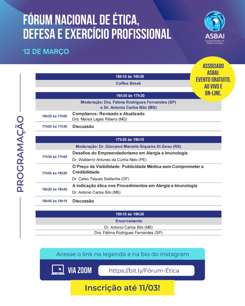 A ASBAI convida seus associados o Fórum Nacional de Ética, Defesa e Exercício Profissional – gratuito e on-line.

Inscreva-se até 11/03: us02web.zoom.us/webinar/regist…

#ética #defesaprofissional #alergia #imunologia #ASBAI