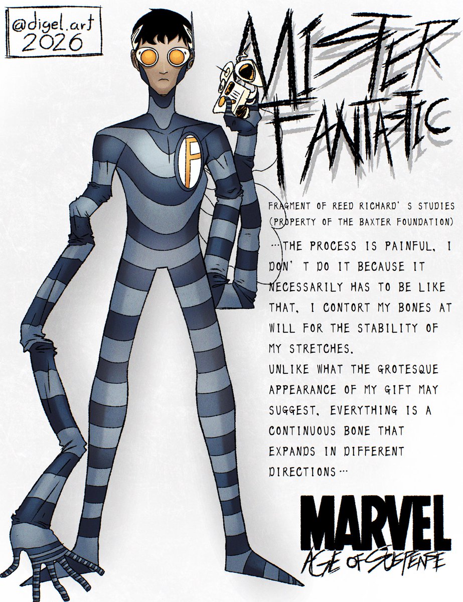 64Digel's tweet image. MARVEL: AGE OF SUSPENSE 🩻

Reed Richards, Mister Fantastic

In this universe each of the so-called “Fantastic Four” operates individually after a fateful incident that separated them.
.
#FantasticFour #ReedRichards #misterfantastic #Marvel #Fanart #Gothic