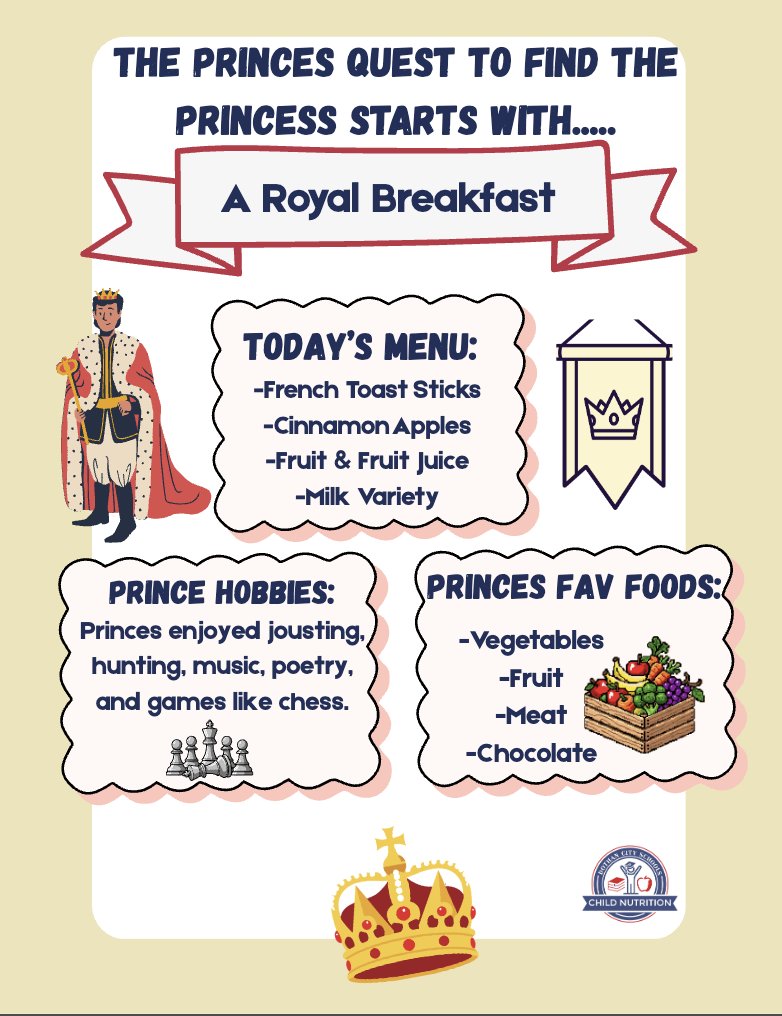 Tomorrow, Monday, March 2, the quest begins with a Royal Breakfast! 👑🥞 Join us for French Toast Sticks, Cinnamon Apples, fruit, juice and milk as we kick off National School Breakfast Week! ⚔️ #NSBW26

#lovedothan #dothancityproud #lovedothancityschools #DothanAL #DothanAlabama