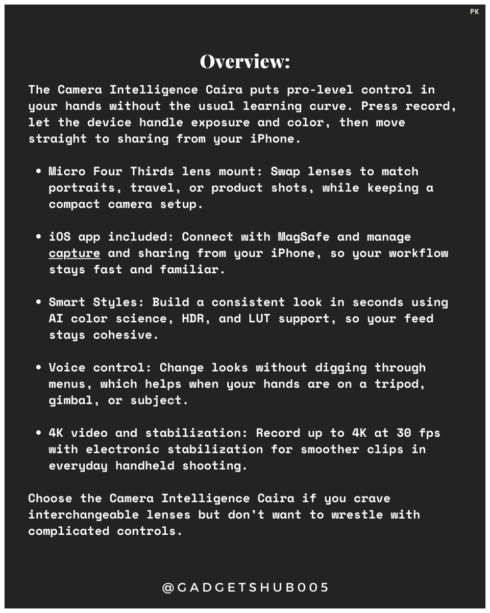GadgetsHub10's tweet photo. Introducing the Camera Intelligence Caira: a cutting-edge mirrorless camera that redefines photography.   📸✨ #CameraIntelligence #Caira #MirrorlessCamera #PhotographyLovers #CaptureTheMoment https://t.co/RoZjJGi2Ff