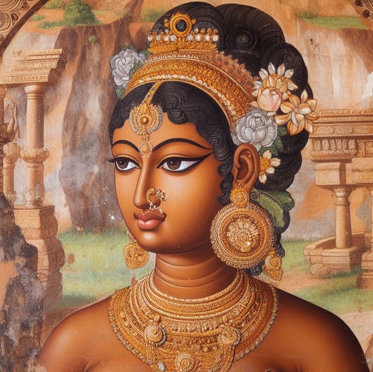 An ancient Tamil princess in Tanjore painting style, India