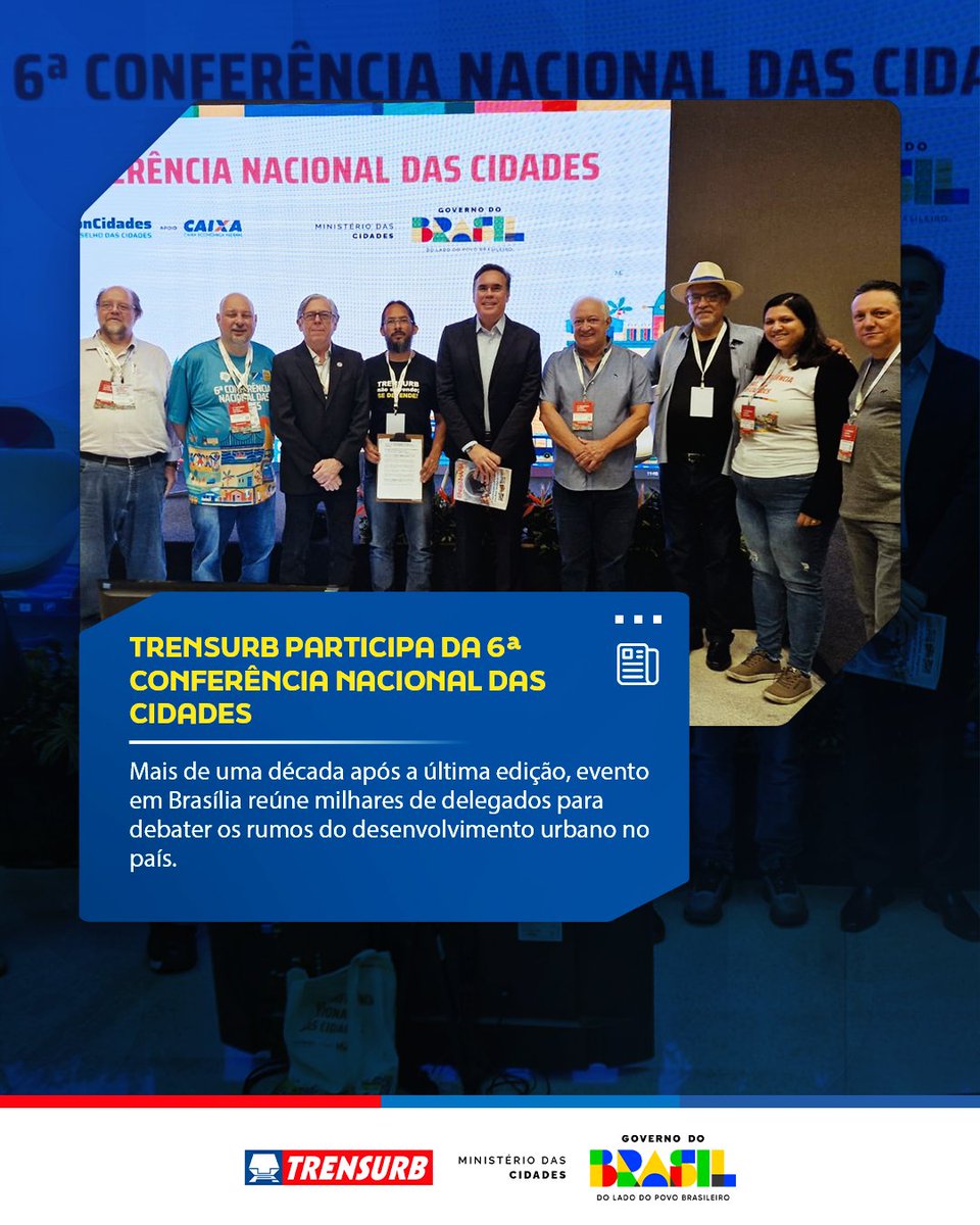 De 24 a 27/2, Brasília recebe a 6ª Conferência Nacional das Cidades, que debate propostas para a Política Nacional de Desenvolvimento Urbano. A Trensurb participa da etapa nacional após atuação de destaque nas fases municipais e estadual

➡️ Leia mais: bit.ly/4kWsKbb