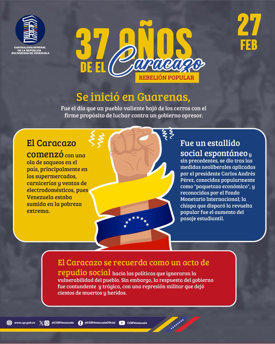 #Infografía | 37 años de El Caracazo
Fue un estallido social espontáneo y sin precedentes, se dio tras las medidas neoliberales aplicadas por el presidente Carlos Andrés Pérez, conocidas popularmente como "paquetazo económico", y reconocidas por el Fondo Monetario Internacional.