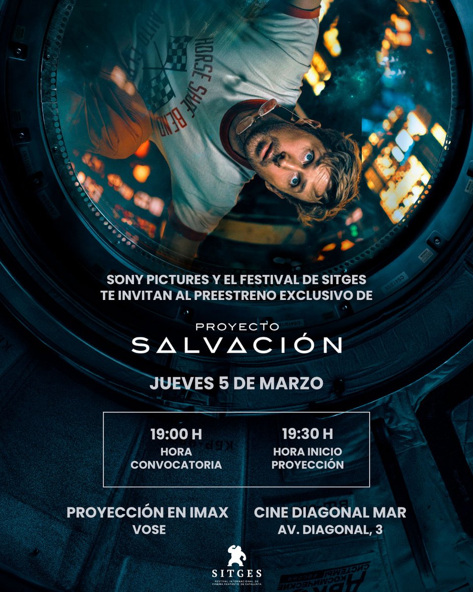 sitgesfestival's tweet photo. Nova preestrena!

Amb @sonypictures_es  us convidem a veure Proyecto Salvación, un dels imprescindibles del fantàstic aquest 2026!

📍@Cinesa Diagonal Mar 
🗓️Dj 5 de març 
⌚️19:00 h

Vols venir? Segueix-nos, deixa un comentari i fes retuit per a entrar al sorteig de 10 entrades. https://t.co/2bACl0BlTS