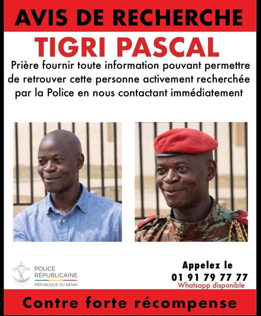Mohbams9's tweet photo. #Bénin
Avis de Recherche émis contre le putschiste #TIGRI_PASCAL. Toute personne aidant à mettre la main sur lui aura une grosse récompense. https://t.co/KbaLe3uOzR