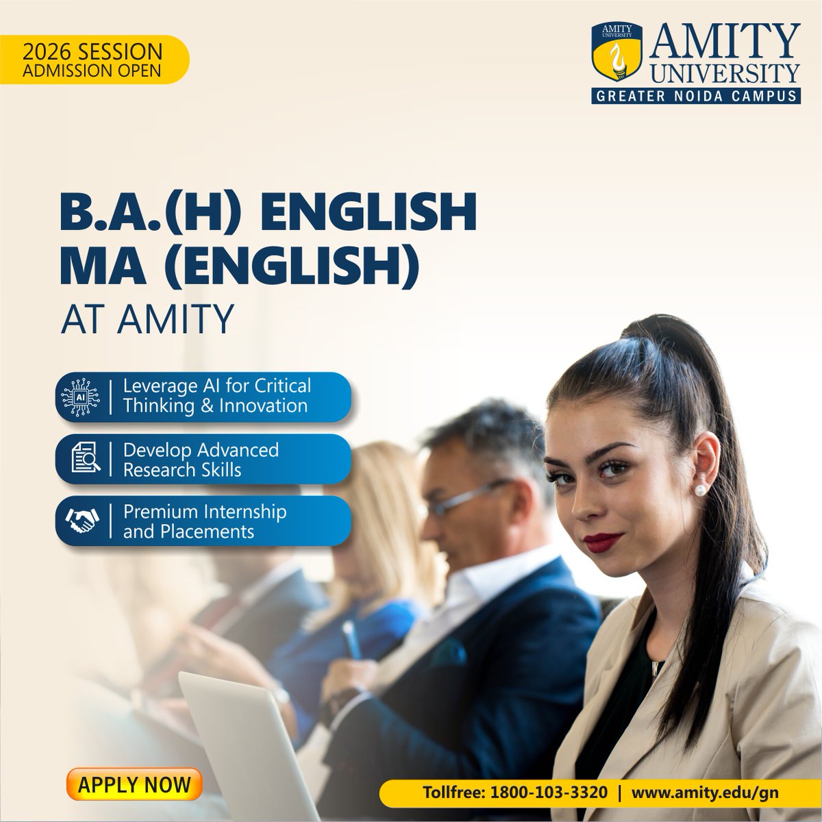 gnamity's tweet image. 🚀 Your Path. Your Future.

Whether you dream of becoming a writer, educator, journalist, content strategist, editor, or media professional — BA (H) English empowers you with language mastery and creative confidence.

#AmityEnglish #BAEnglish #StudyLiterature #FutureReady