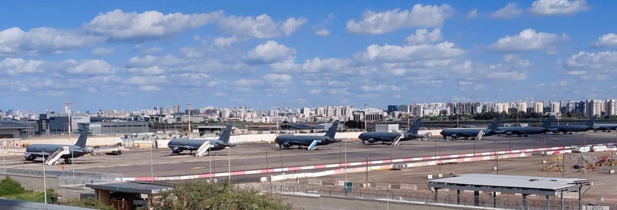 A huge amount of U.S. Air Force assets are currently stationed at Ben Gurion International Airport in #Israel, a supposedlty 'civilian' airport