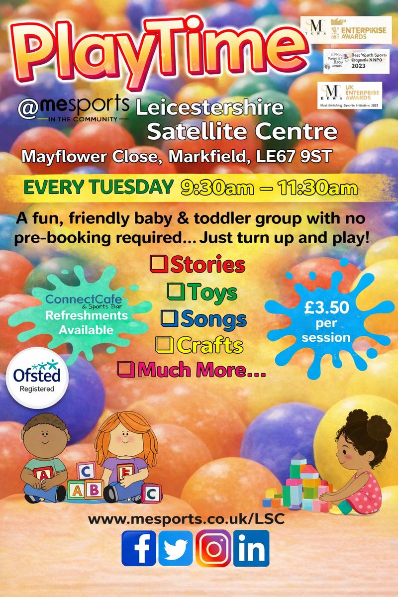 MESportsCIC's tweet image. 👶PLAYTIME IN MARKFIELD🎲

Join our baby and toddler group every Tuesday 9.30-11.30! 😁

#stayandplay #toddlers #markfield #mesports