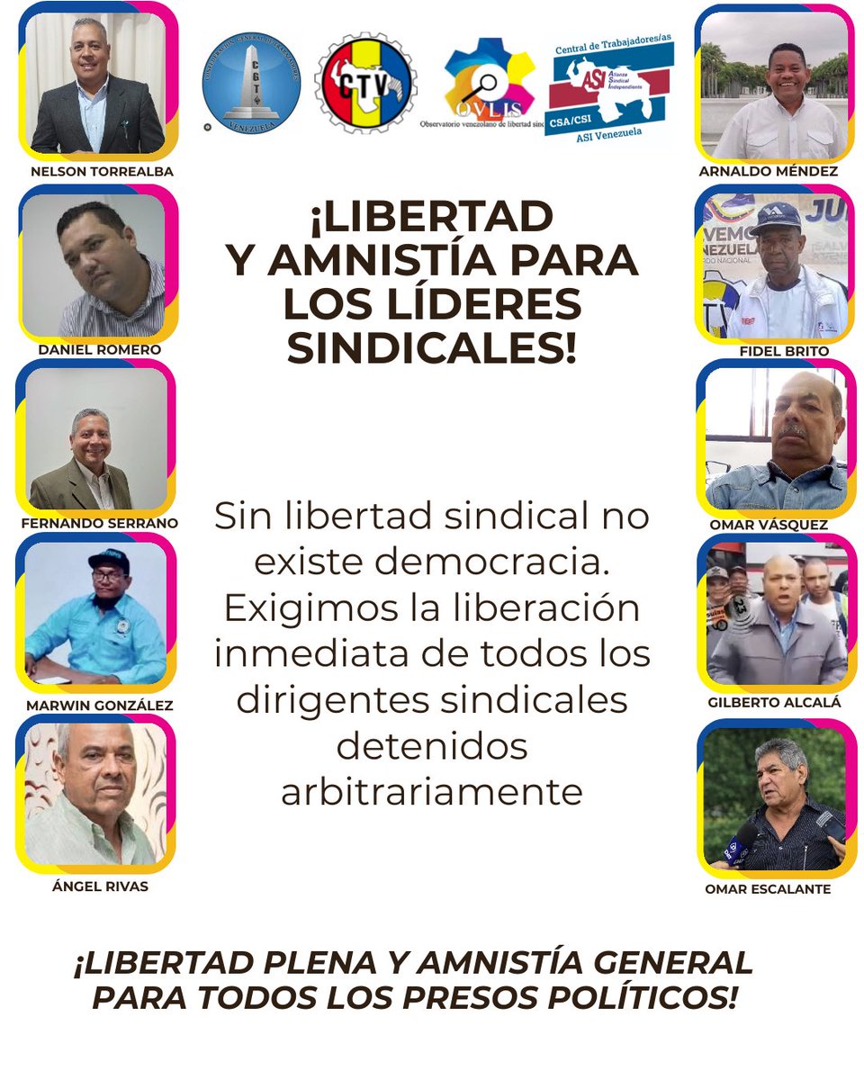 Seguimos alzando la voz por quienes aún permanecen detenidos arbitrariamente por defender los derechos de los trabajadores.

¡Exigimos libertad plena y Amnistía General para todos los líderes sindicales!

#Venezuela 
#Amnistía