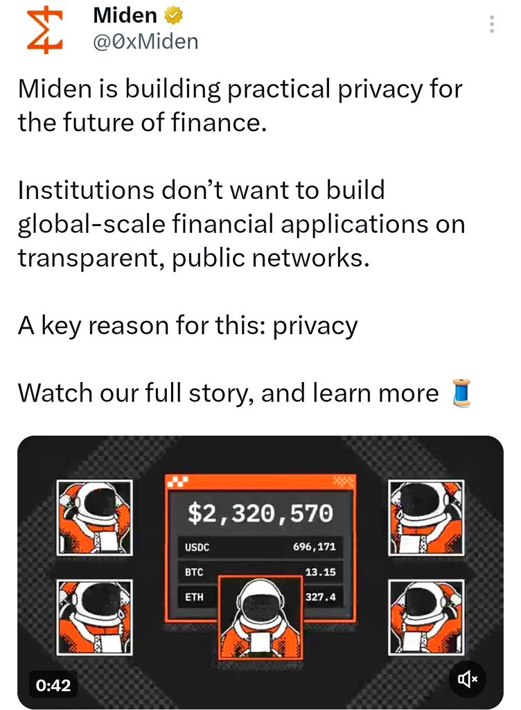 Ravindr99704528's tweet photo. Infrastructure for the future of finance.

But the real question is why hasn’t it happened yet? 👀
Sound Big.

That’s where Miden makes a strong point.

1️⃣ Institutions don’t hate crypto. They hate exposure. 🔍
No serious financial institution wants
their balances, flows and strategies
fully visible on a public ledger.

Transparency ≠ practicality.
2️⃣ Privacy isn’t about hiding. It’s about operating. 🔐
Real finance needs:
• Confidential balances
• Controlled disclosures
• Compliance flexibility
Without that, global-scale apps won’t move onchain.
3️⃣ Practical privacy > theoretical ideals ⚙️
Miden isn’t trying to make everything invisible.
It’s designing programmable privacy 
where data stays protected
but proofs keep the network verifiable.

That balance matters.
4️⃣ Built for scale, not headlines 🏗️
If institutions are the next wave,
the infra needs to feel familiar:
secure, efficient, adaptable.

That’s the direction this feels aligned with.

Web3 doesn’t scale just because it’s transparent.
It scales when it becomes usable for serious capital.

And privacy is the missing layer.
@0xMiden
#miden