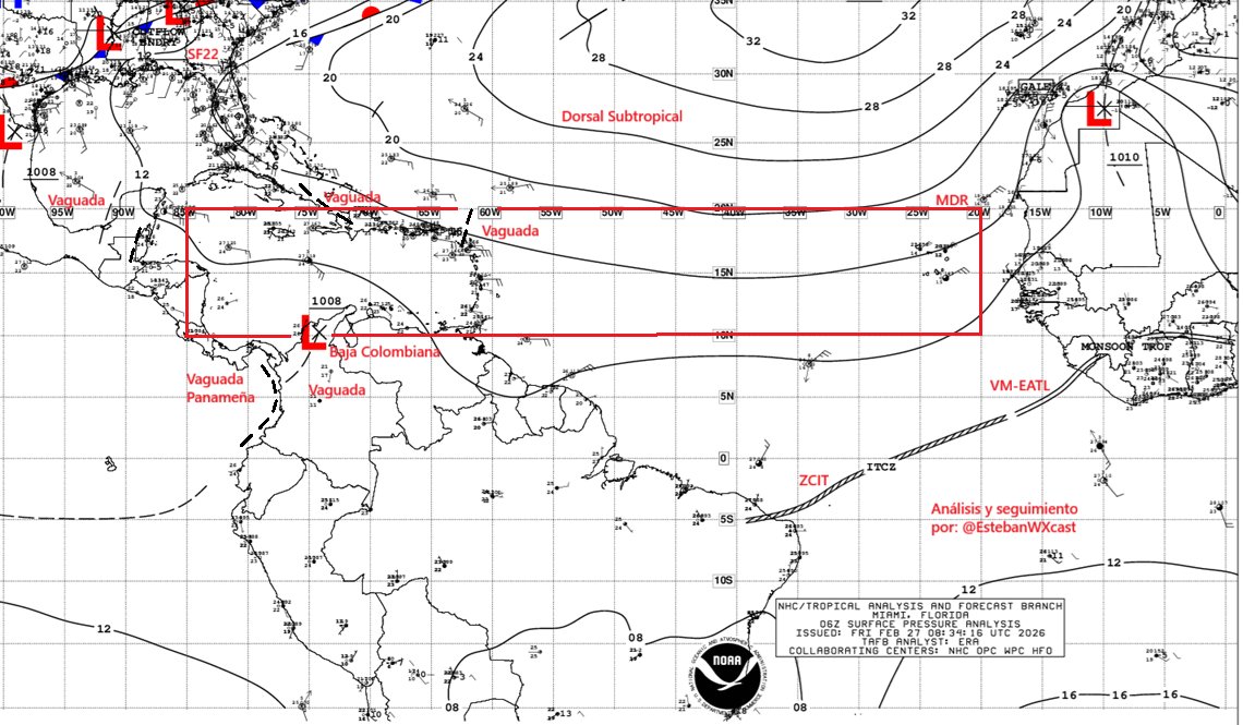 1/2 Rasgos meteorológicos en MDR, a 06z 27FEB26. Dorsal anclada en las Azores domina el Caribe, salvo el sur del Caribe central, donde prevalece la Baja Colombiana (10n74w). Vaguada al oeste de Belice. Vaguada entre E/Cuba y Haití. Vaguada, en Islas de Sotavento septentrionales.