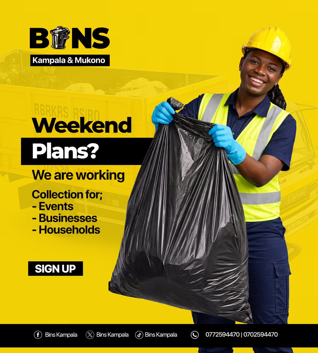 BinsKampala's tweet image. Weekend plans? We're working! 🗓️

Saturday &amp;amp; Sunday bin collections available for:
✔️ Events
✔️ Businesses
✔️ Residential complexes

No day off from cleanliness. Book ahead: 0772594470 | 0702594470

#WeekendService #EventCleaning #BinsKampala