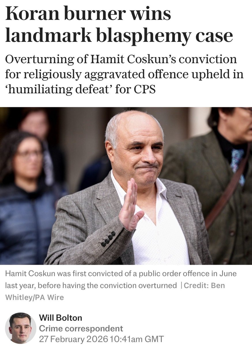 SpeechUnion's tweet photo. 🚨 HAMIT COSKUN HAS WON HIS CASE IN THE HIGH COURT

This is a humiliating defeat for the Crown Prosecution Service. The Director of Public Prosecutions, Stephen Parkinson, must now resign.

Hamit Coskun was convicted of a religiously aggravated public order offence after burning a copy of the Quran outside the Turkish Consulate — a one-man protest against the Islamification of his home country.

Meanwhile, the religious fanatic who violently attacked him with a large knife was spared jail.

Hamit’s conviction was overturned last October by Mr Justice Bennathan, who ruled that while many Muslims would have found Mr Coskun’s actions offensive, freedom of expression “must include the right to express views that offend, shock or disturb”.

The CPS tried to appeal that judgment — and lost spectacularly. If they had won, they would have introduced a Muslim blasphemy law via the back door. It would also have given the green light to religious fanatics to violently enforce an Islamic blasphemy code on the streets of Britain.

Before today’s judgment, Hamit warned he would have no option but to flee to the US. The Trump administration had also made it known they would be willing to offer him political asylum.

General Secretary of the Free Speech Union, Lord Young of Acton, has said: “This appeal should never have been brought by the Crown Prosecution Service, just as Hamit should never have been prosecuted.

“We have not had blasphemy laws in this country for 18 years and for that reason, this prosecution was bound to fail.

“Yet the CPS has spent hundreds of thousands of pounds trying to bring one back via the back door – and one that just enforces Muslim blasphemy codes, not Christian ones.

“In light of this humiliating defeat, I think the director of public prosecutions has no choice but to resign.”

Parliament voted to abolish blasphemy laws 18 years ago. There is no such thing as a blasphemy offence in English law.

Yet, since Keir Starmer became Prime Minister, three men have been prosecuted for burning copies of the Quran. The Free Speech Union has represented all three.

Despite our victory in Hamit’s case, the CPS is still prosecuting another FSU member — Martin Frost.

On 1 February 2025, Martin Frost set fire to a copy of the Quran in Manchester city centre. Police quickly arrived. He told officers he was demonstrating solidarity with Salwan Momika, an anti-Islam activist in Sweden who was murdered after burning a Quran.

Like Hamit, Martin was charged under the Public Order Act 1986.

Today, the High Court was clear: public order laws cannot be twisted to reintroduce blasphemy by the back door.

Help us defend the right to criticise religion in this country — and stop the CPS from introducing a Muslim blasphemy law via the back door — by donating to the crowdfunder below 👇