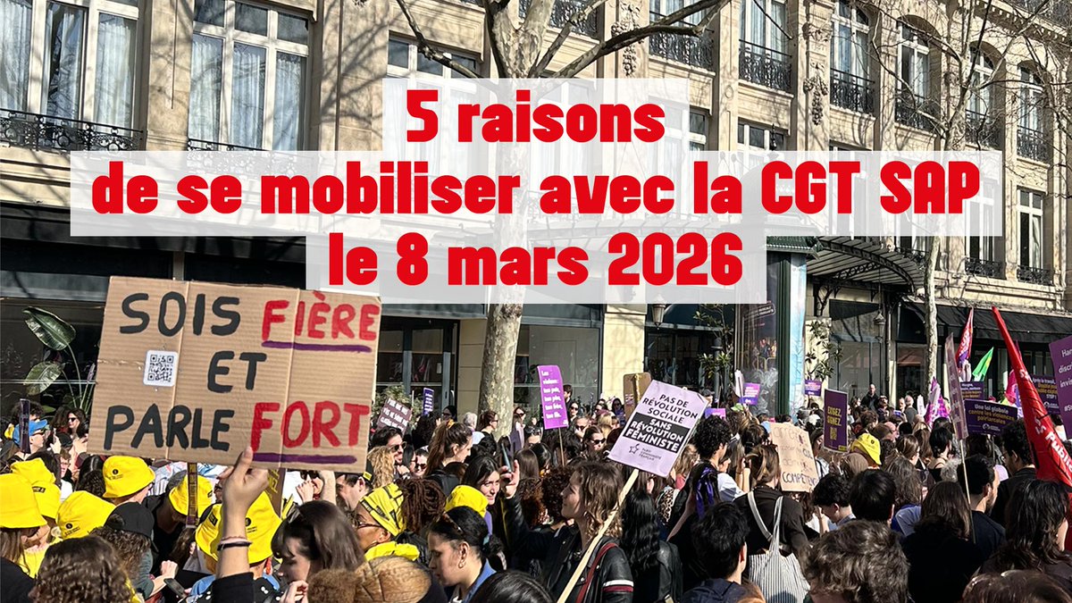 Dans notre nouvel article, nous donnons 5 raisons concrètes de se mobiliser le 8 mars. 
👉 Lire l’article : sap-cgt.social/2026/02/25/5-r… 
CGT SAP – Nos métiers sont essentiels. Nos droits aussi.
#grevefeministe #8mars2026