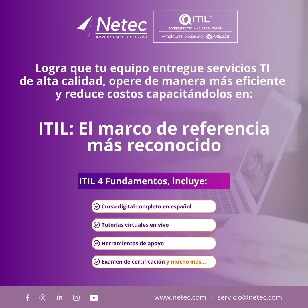 netec's tweet photo. Capacita a tu equipo en ITIL para estandarizar y optimizar la gestión de servicios TI con las mejores prácticas internacionales➡️ https://t.co/6u0anErkA2

Impulsa una TI más ágil, estratégica y alineada con los objetivos del negocio.

#ITIL4 #CapacitaciónITIL #NetecConecta https://t.co/cmXMyYjJiJ