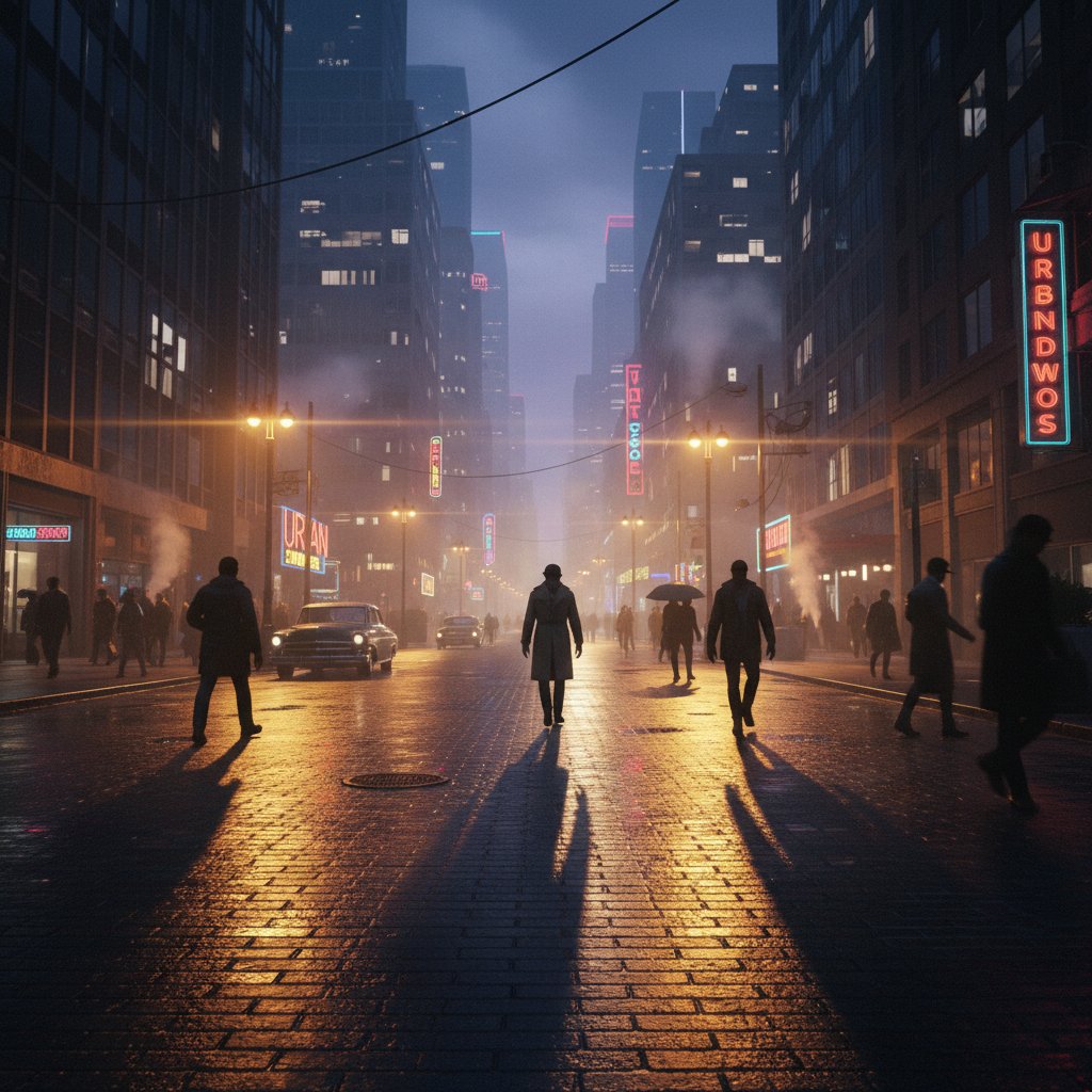 Urban Shadows. The moody, warm directional lighting casts dynamic reflections across the scene, enhancing its immersive depth. 🌆