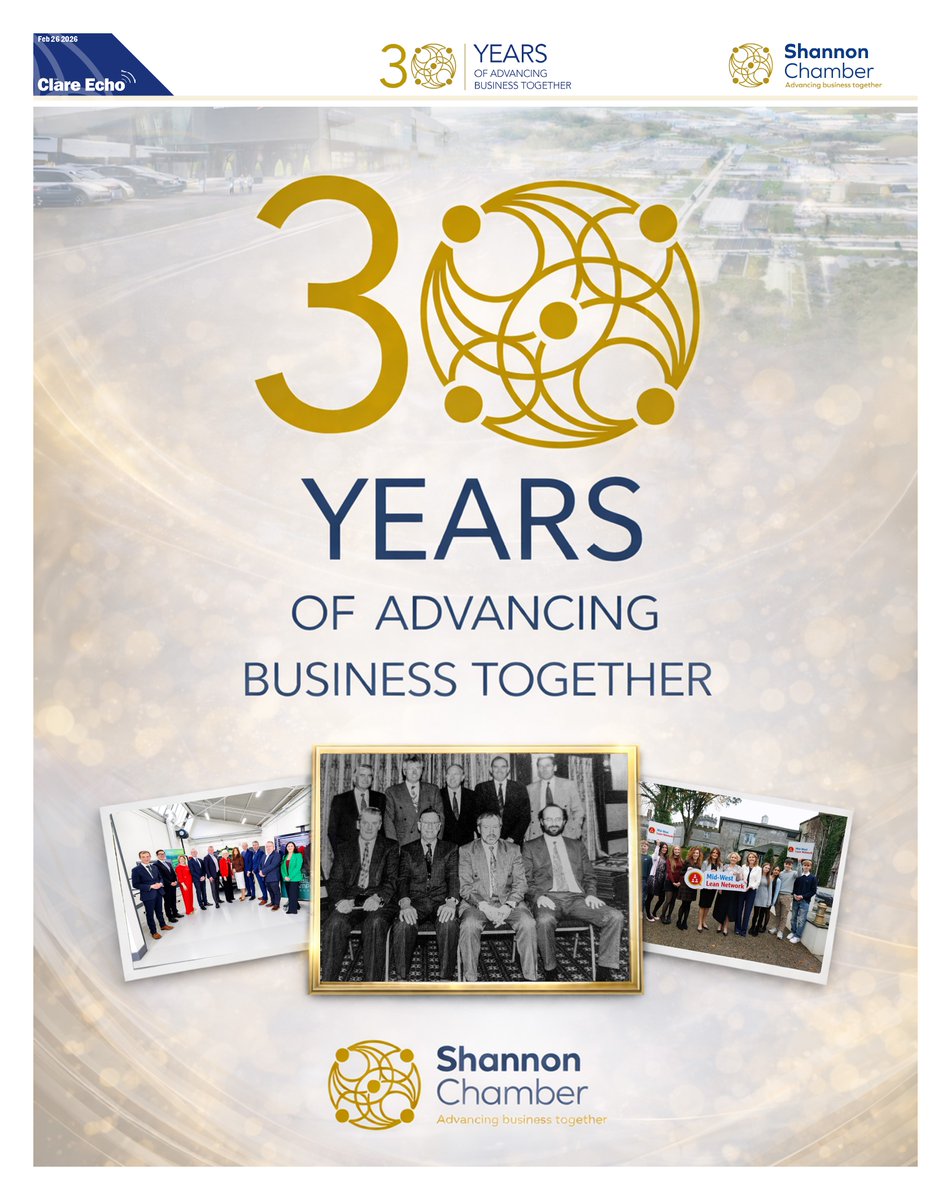 ClareEcho's tweet photo. 🎉Celebrating 30 years of Shannon Chamber in this week's Clare Echo!

📝We've a bumper 24 page supplement included in our latest edition featuring interviews from Shannon Chamber CEO, Helen Downes, President Mark Nolan plus a host of industry leaders in Shannon. https://t.co/whYsdVPo5H