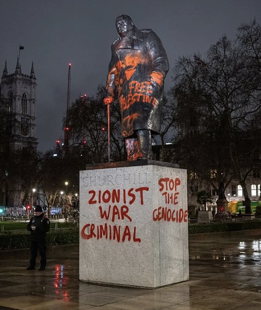 Daubing 'globalise the intifada', 'Free Palestine' and 'Zionist war criminal' on the statue of Winston Churchill, one of Britain's greatest heroes, is a disgrace, and it is welcome that someone has been arrested. It is a reminder that the hatreds directed at Israel and Jews never