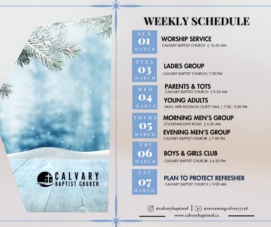 calvarystjohns's tweet photo. Here is our schedule for next week beginning March 1! Have a look to see where you can get involved. Why not start the week by joining us for our 10:30 a.m. service on Sunday as we worship the Lord together as a church family? All are welcome!
#calvarybaptistnl
#sundayworship https://t.co/FJCi6yRknR