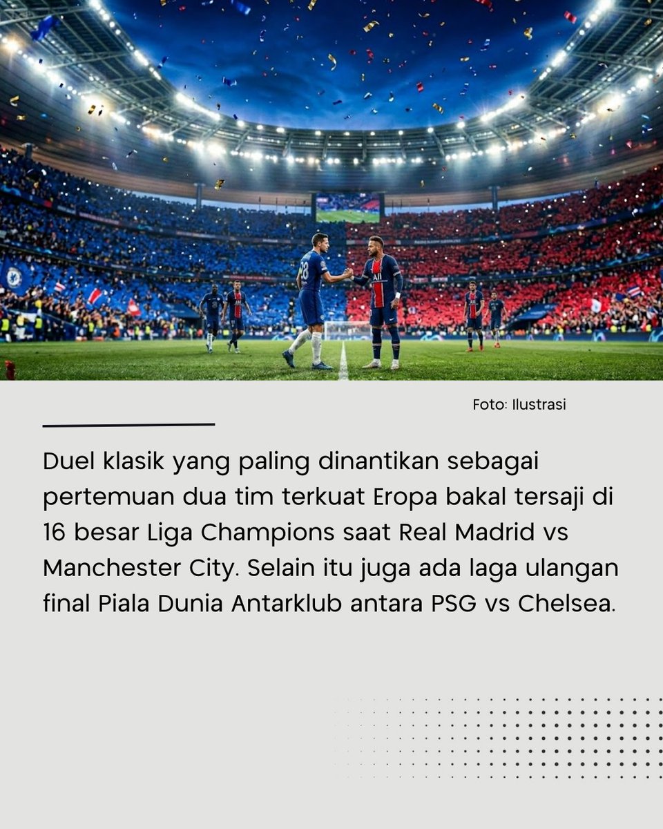 SINDOnews's tweet photo. Hasil drawing babak 16 besar Liga Champions 2025/2026 yang digelar di Nyon, Swiss (27/2), telah resmi diumumkan. Fase ini menyajikan sejumlah duel maut yang dijadwalkan berlangsung mulai 10-11 Maret 2026.
#LigaChampions #UCL2026 #DrawingUCL #Babak16Besar #ChampionsLeague #RoadToFinal #DuelMaut #SepakBolaEropa #Nyon #FootballUpdate