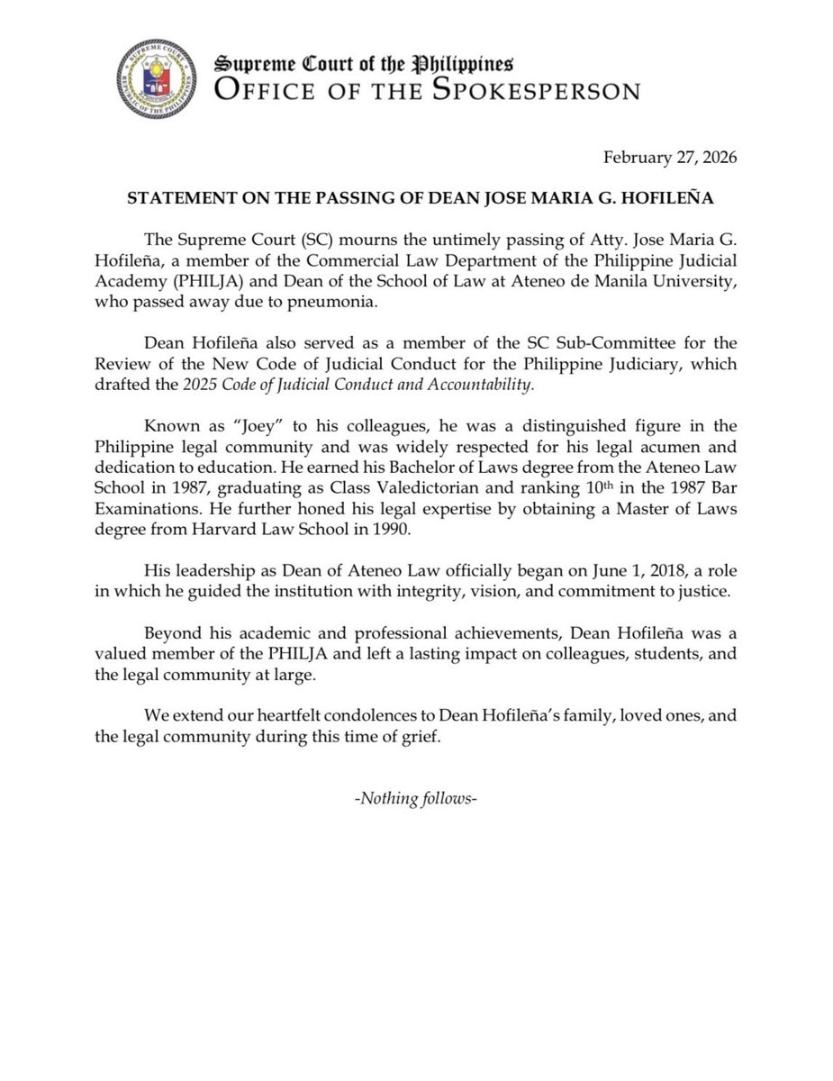 SCPh_PIO's tweet photo. READ: Statement of the Supreme Court of the Philippines on the passing of Dean Jose Maria G. Hofileña https://t.co/NhxkBexAWY