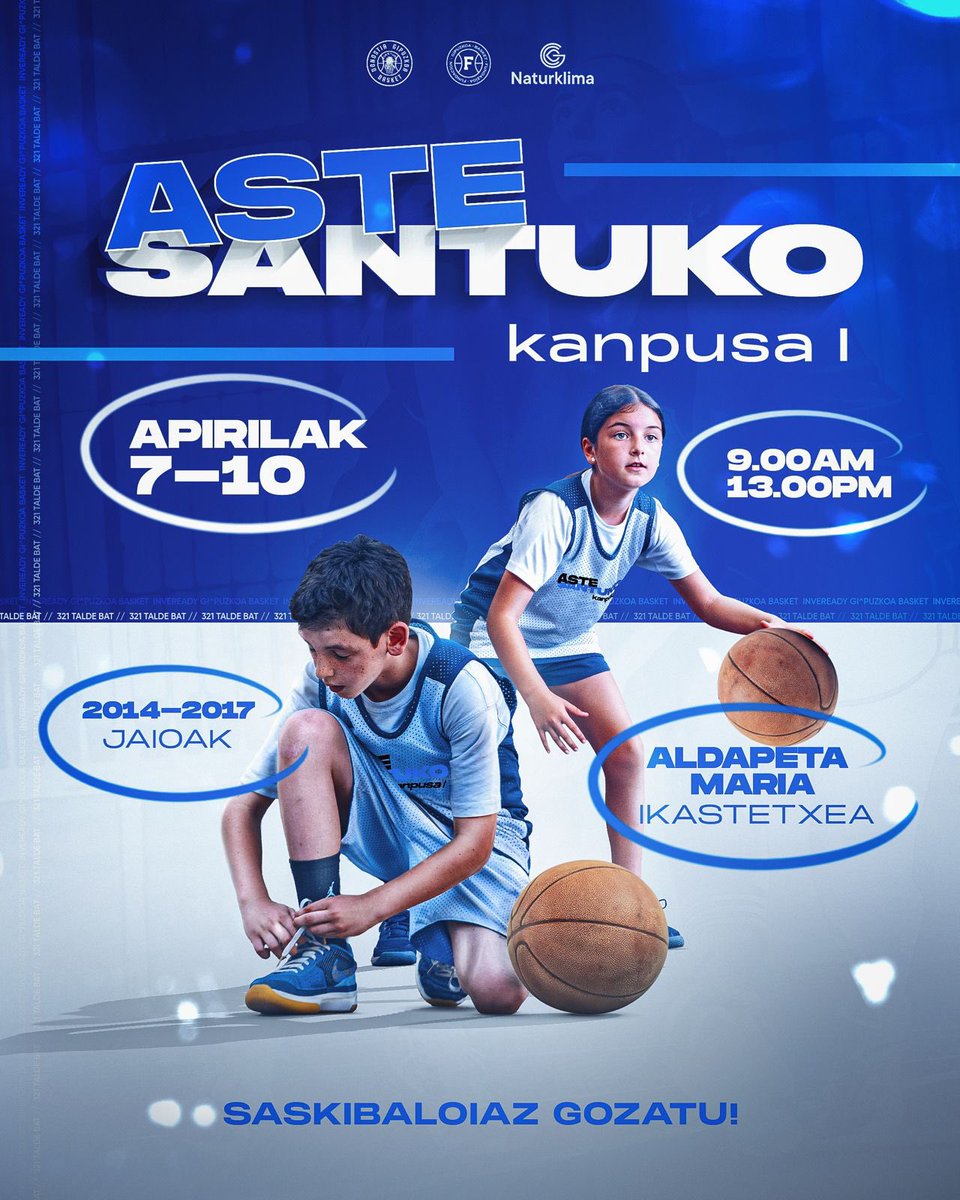 gipuzkoabasket's tweet photo. 🏀 𝐀𝐒𝐓𝐄 𝐒𝐀𝐍𝐓𝐔𝐊𝐎 𝐊𝐀𝐍𝐏𝐔𝐒𝐀
Apirilaren 7tik 10era, Aldapeta Maria Ikastetxea-n.

Izen-emateak zabalik. Plaza mugatuak.

ℹ️ Info + izen-emateak:
👉 https://t.co/XQM3Ir0XkM

#Campus #FundacionGipuzkoaBasket #Harrobia #GureIndarraZara #HiruBiBatTaldeBat https://t.co/Z8XCz279BT