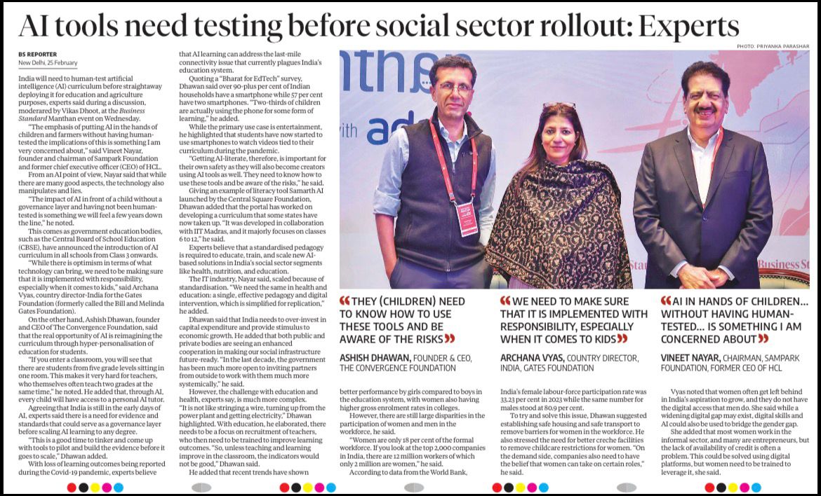 AI tools need testing before social sector rollout. <a href="/bsindia/">Business Standard</a> 

Our Founder, Vineet Nayar <a href="/vineetnayar/">Vineet Nayar</a>, has reinforced something we deeply believe technology in the hands of children cannot be an experiment. It must be tested, contextualised, and implemented responsibly.

There