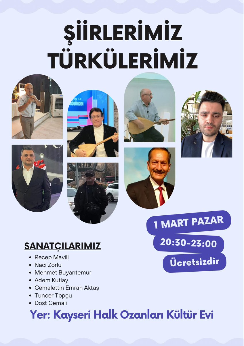 Değerli dostlarımız Bu pazar 01/03/2026 Halk ozanları kültür evindeki Dost Cemali ile şiirlerimiz türkülerimiz programımıza tüm dostlarımızı bekliyoruz 
Adres;Halk Ozanları kültür evi 
Tarih;01/03/2026
Saat 20:30/23:00 arası @öne çıkar