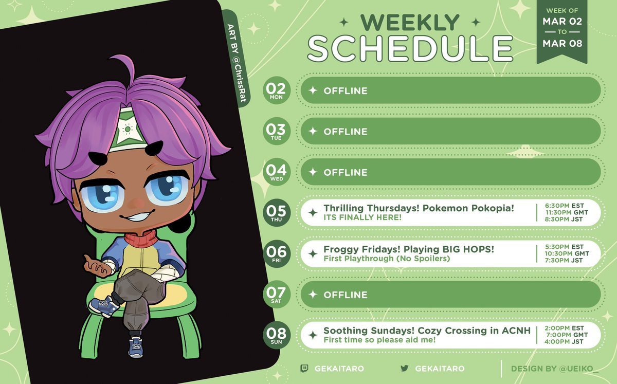 Gekaitaro's tweet photo. The time has come!
The weekly schedule has been made! 😎 Quite the cozy start wouldn't you say? 🐸
See y'all next week! ✨
#vcanada #streamdebut https://t.co/f6fw8zVJWt