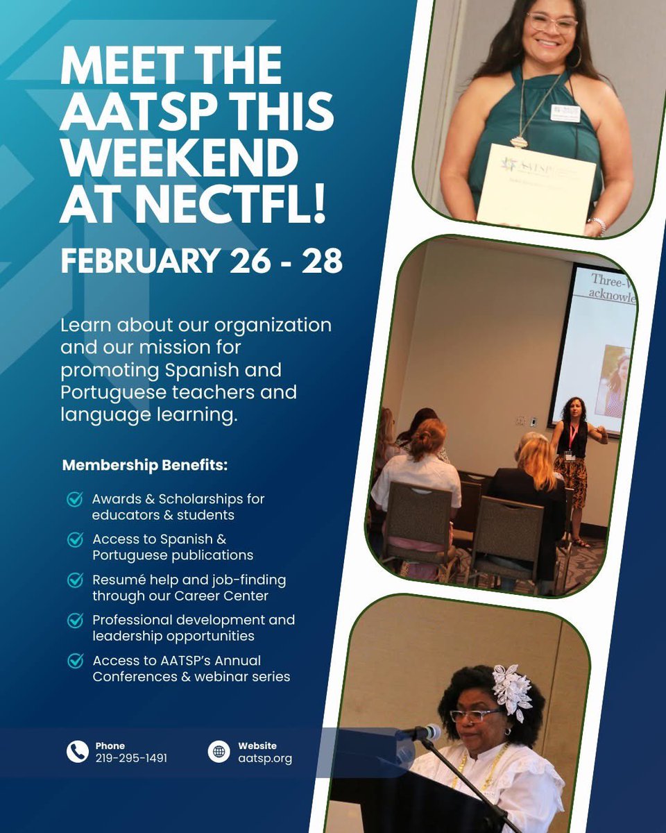 Meet the AATSP this weekend at NECTFL!

📅 February 26 - 28
📌 New York Hilton Midtown, NY

Will you be there? Drop by to say hi 👋🏽 and learn about our organization and its mission for promoting Spanish and Portuguese teachers and language learning. <a href="/AATSPglobal/">AATSP</a> <a href="/NECTFL/">NECTFL</a>