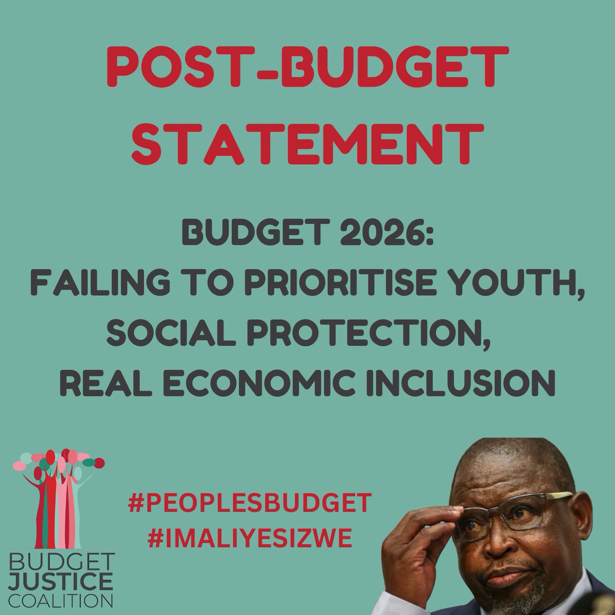 budgetjusticesa's tweet photo. [POST-BUDGET STATEMENT]

🔗 Read it here: https://t.co/vRNulyLFJc

🗣️ We’ve spoken to members and communities. The Minister’s #Budget2026 speech was NOT speaking to them.

A budget which doesn’t prioritise youth, social protection, or economic inclusion?

❌ NOT a #PeoplesBudget. https://t.co/zaZtfRappC