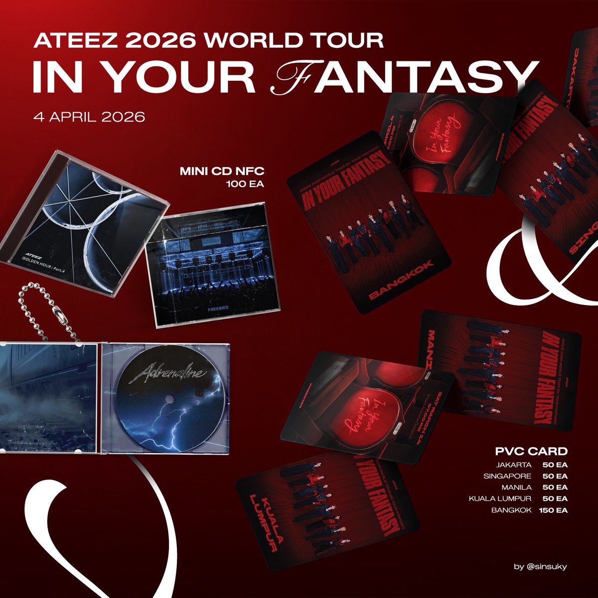 𐙚⋆˚ Freebies for Ateez In Your Fantasy ᯓ★

一 pvc card 50 ea
#InYourFantasy_MNL #InYourFantasyinKL

一 pvc card 150 ea
一 mini cd nfc 100 ea
#In_Your_Fantasy_BKK

⋆˙⟡ Time &amp; Location (TBA)