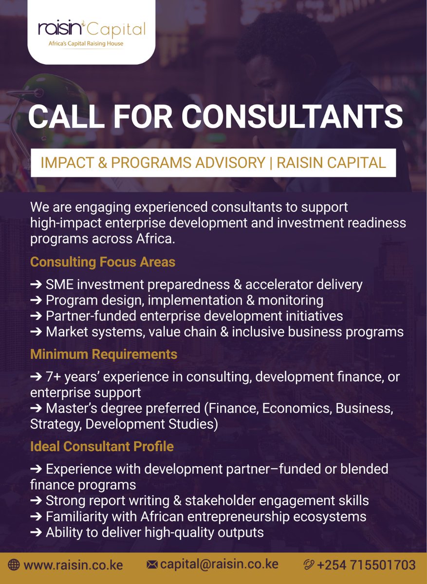 RaisinCapital's tweet photo. We’re expanding our network of experts across Africa.

If you have deep experience in enterprise development, investment readiness, or development finance and want to contribute to high-impact programs, this is your opportunity to collaborate with Raisin Capital.

We’re looking for seasoned consultants who can design, implement and deliver measurable results across diverse African markets.

If that sounds like you, apply and let’s build meaningful impact together.

#weareraisin #africascapitalraisinghouse