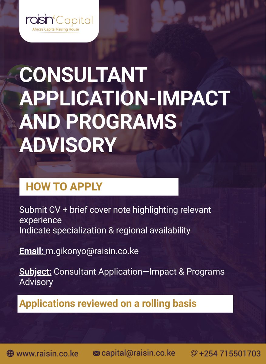 RaisinCapital's tweet photo. We’re expanding our network of experts across Africa.

If you have deep experience in enterprise development, investment readiness, or development finance and want to contribute to high-impact programs, this is your opportunity to collaborate with Raisin Capital.

We’re looking for seasoned consultants who can design, implement and deliver measurable results across diverse African markets.

If that sounds like you, apply and let’s build meaningful impact together.

#weareraisin #africascapitalraisinghouse