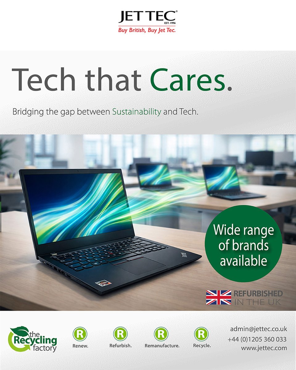 Jet_Tec's tweet photo. Give your customers tech that benefits them and the environment 🌍

Contact admin@jettec.co.uk today to discover the wide range of refurbished laptops we have available 🔥

#refurbished #brands #tech #cares #contactus #Environment https://t.co/GPjBorKtV0