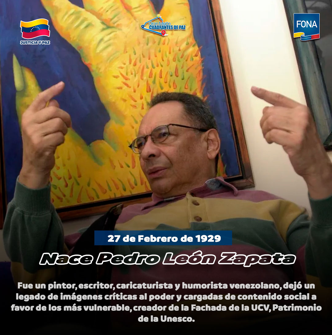 #27Feb de 1929 Nace Pedro León Zapata, fue un pintor, escritor, caricaturista y humorista venezolano, dejó un legado de imágenes críticas al poder y cargadas de contenido social a favor de los más vulnerable, creador de la Fachada de la #UCV, Patrimonio de la Unesco.

 #MPPRIJP